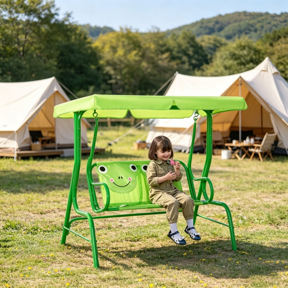 Green Double Seat Kids Swing Chair, 43.25" Steel Frame Swing with Adjustable Canopy, Safety Belts & Lion Design for 3-6 Years Old, 132 lbs Capacity