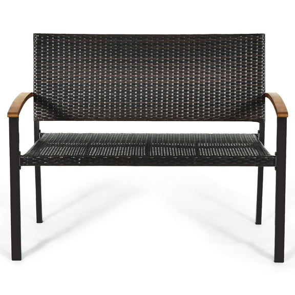 Patiojoy Rattan Loveseat Bench, Weather-Resistant Steel Frame for Yard and Garden