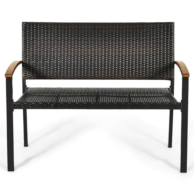 Topbuy Weather-Resistant Rattan Bench Loveseat for Adults Steel Frame - Set of 1 / Curved Backrest