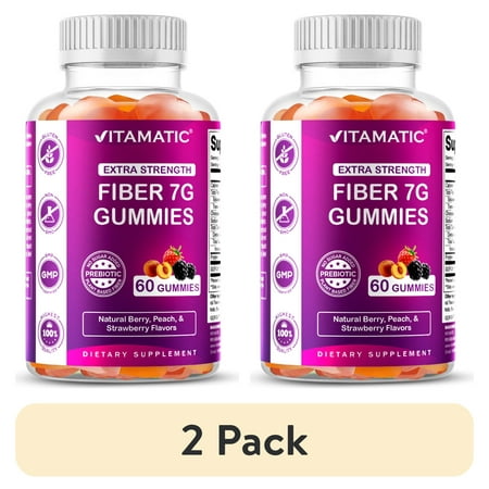 (2 pack) Vitamatic Prebiotic Fiber Gummies for Adults - 7G Fiber Extra Strength - Zero Sugar Added - 60 Pectin Based Gummies - Digestive Health & Regularity Support