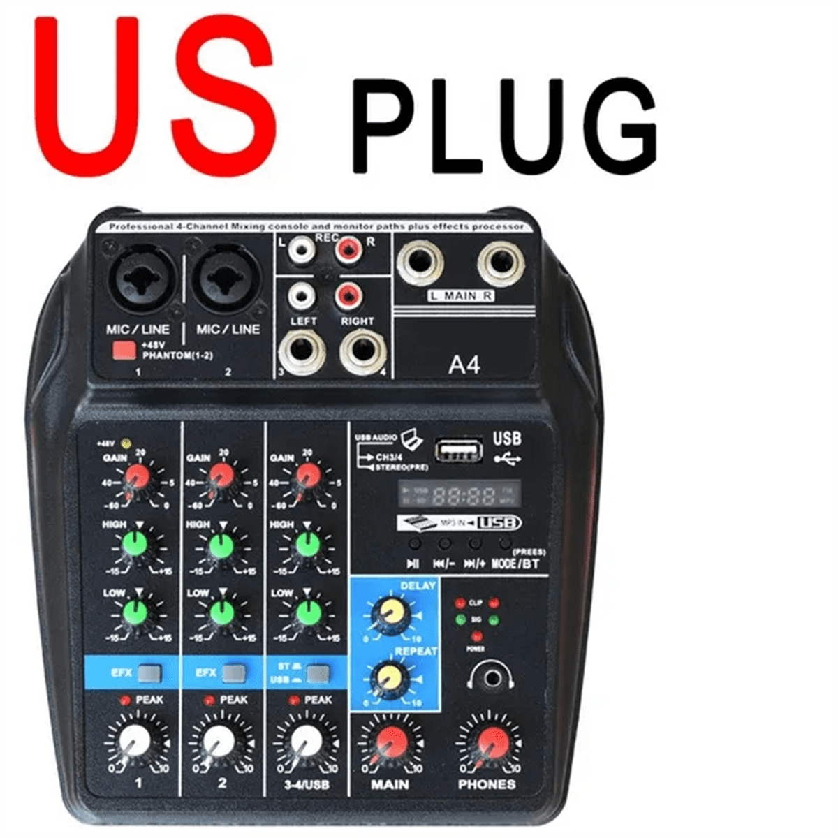 Professional 4 Channel Digital Mixer Sound Card Microphone Mobile Phone Live Broadcast Recording DJ Audio Equipment(US),1 * 4-channel mixer USB sound card with reverb,Black