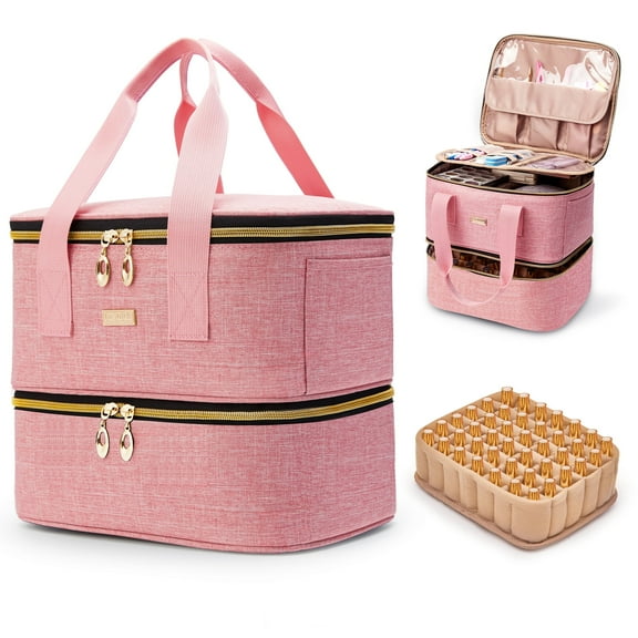 BAGMIND Nail Polish Organizer Storage Case, Upgraded Double Layer Large Nail Polish Organizer Bag with Adjustable Dividers, Portable Carrying Bag for Nail Gel Nail Lamp and Manicure Tools