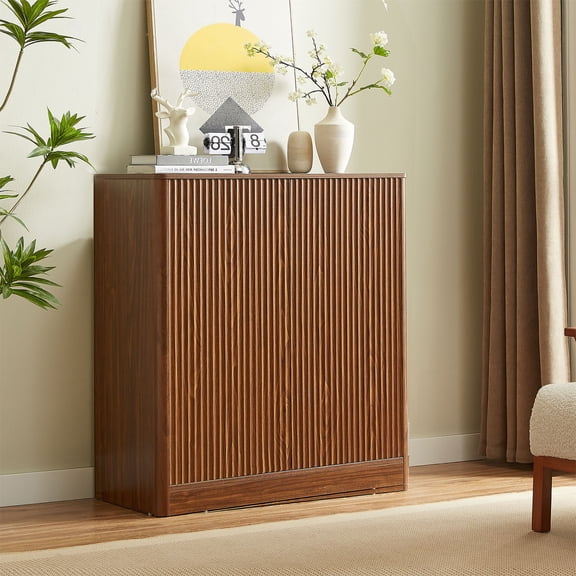S-HOME Modern Wavy Sideboard Storage Cabinet in Walnut Finish, 31.5 Inch Kitchen or Living Room Curved Design Furniture