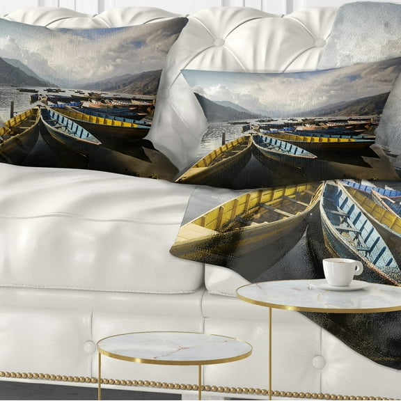 Designart Pokhara Lakeside Boats - Boat Throw Pillow - 12x20