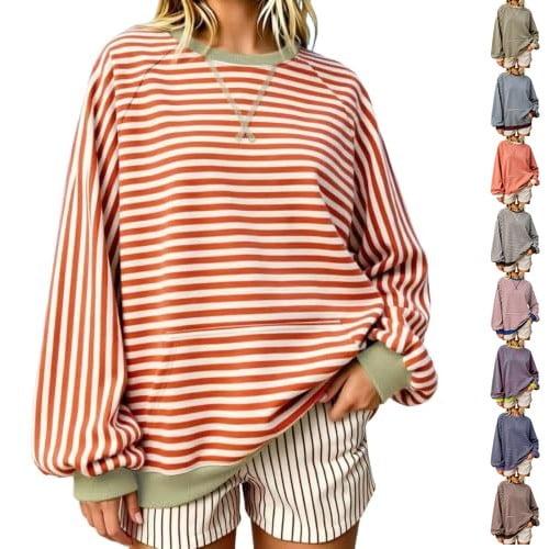 Resicozy Oversized Sweatshirt for Women Fall Striped Long Sleeve Shirt Crewneck Sweatshirts Y2K Workout Tops Saffron 2XL