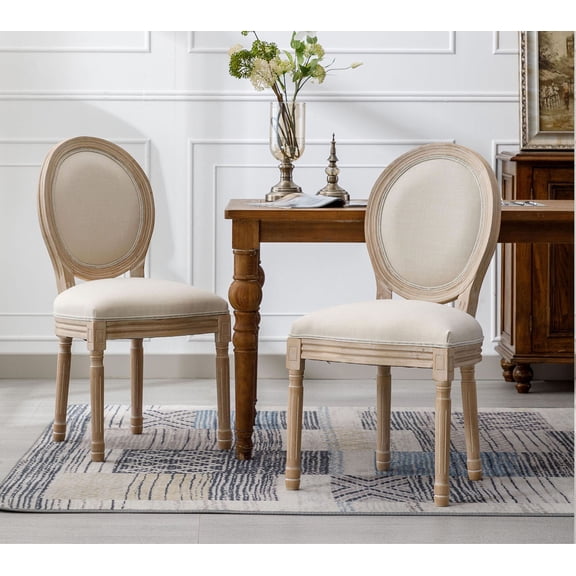 S-HOME Classic Oval Back Dining Chair Set of 2 Crafted with Solid Wood Frame and Cream Linen Fabric Upholstery