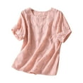 thumbnail image 1 of cfhntfmh Chemises en Lin pour Femmes Coton Mode Manches Courtes T-Shirts Ajourés Décontractés Broderie Col Rond Blouses Hauts, 1 of 3