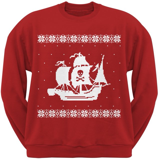 Big Pirate Ship Ugly Christmas Sweater Red Crew Neck Sweatshirt