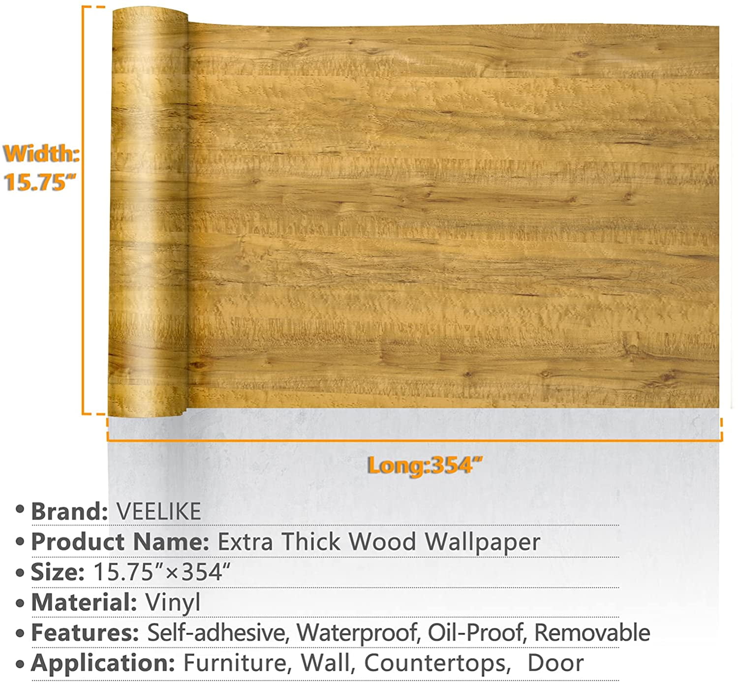VEELIKE Gold Wood Grain Contact Paper for Countertops Waterproof Peel and Stick Vinyl Wallpaper 15.7''x354'' Self Adhesive Removable Wallpaper for Bedroom Cabinets Walls Table Liners
