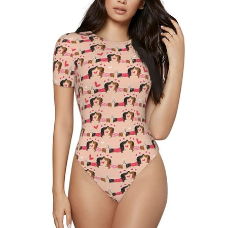 Rocae Love dachshund dogs for One Piece Round Neck Short Sleeve Bodysuits for Women Casual Basic Bodysuit Daily Jumpsuit T Shirts-Large