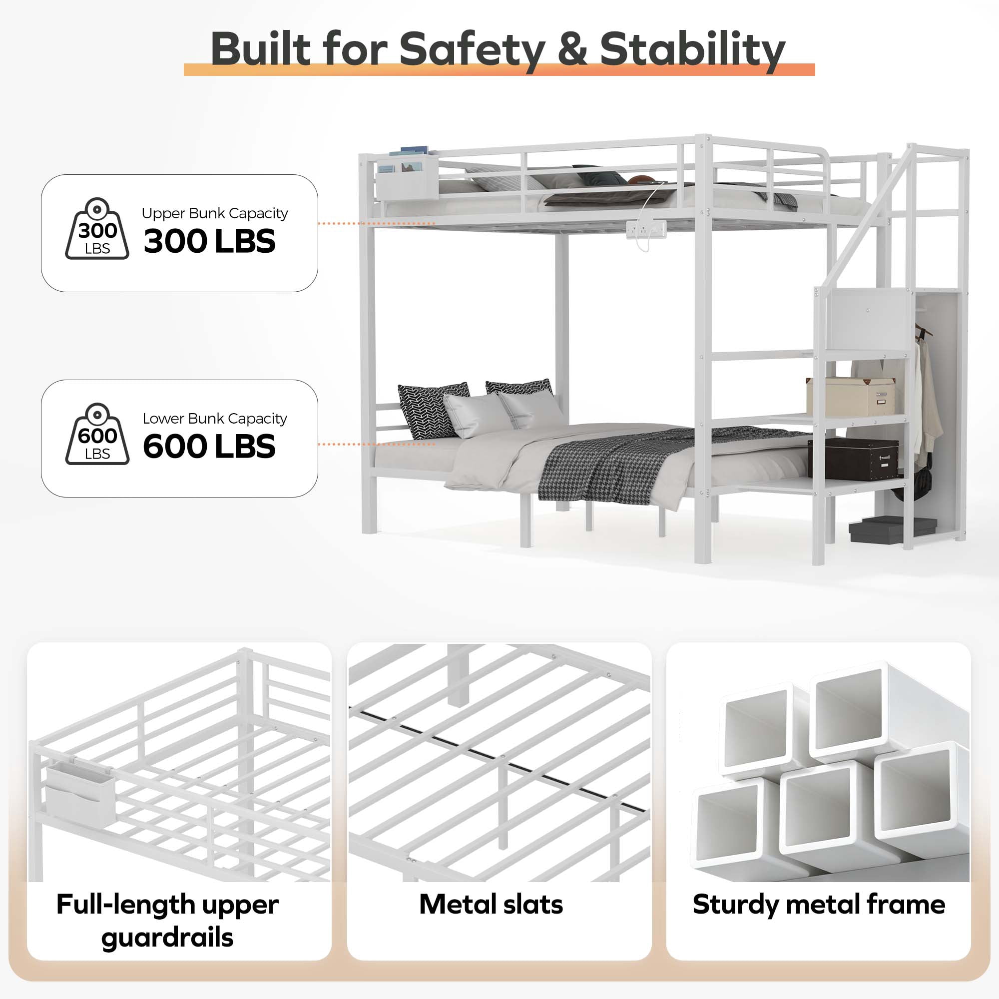 Miniyam Full Over Full Bunk Bed with Stairs, Storage and Charging Station, Metal Frame, White
