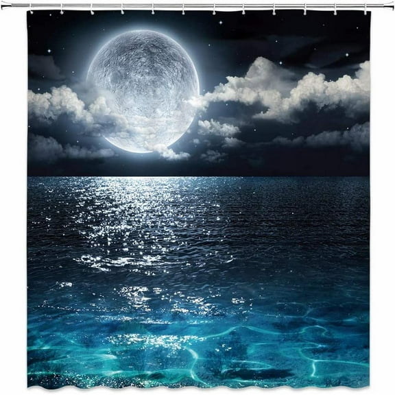 Moon Shower Curtain Full Moon Over Sea Ocean Clouds Planet Star Sky Dreamy Night Scene Black Navy Bathroom Curtains Decor Polyester Fabric 70 x 70 Inches Include Hooks