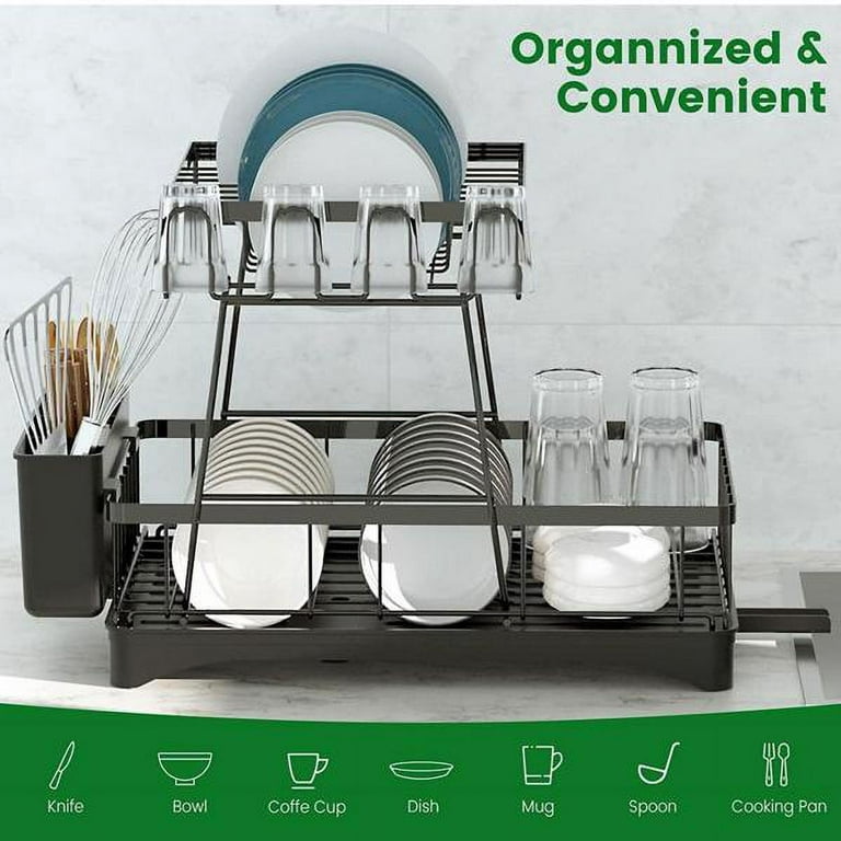 Mukay Dish Rack for Kitchen Counter - Dish Drying Rack with 360°Drainage -  Dish Drainboard Set with Cutlery Holder and 4 Cup Holder - Dish drainers  Over Sink Drying Rack On Counter - 2 Tier 