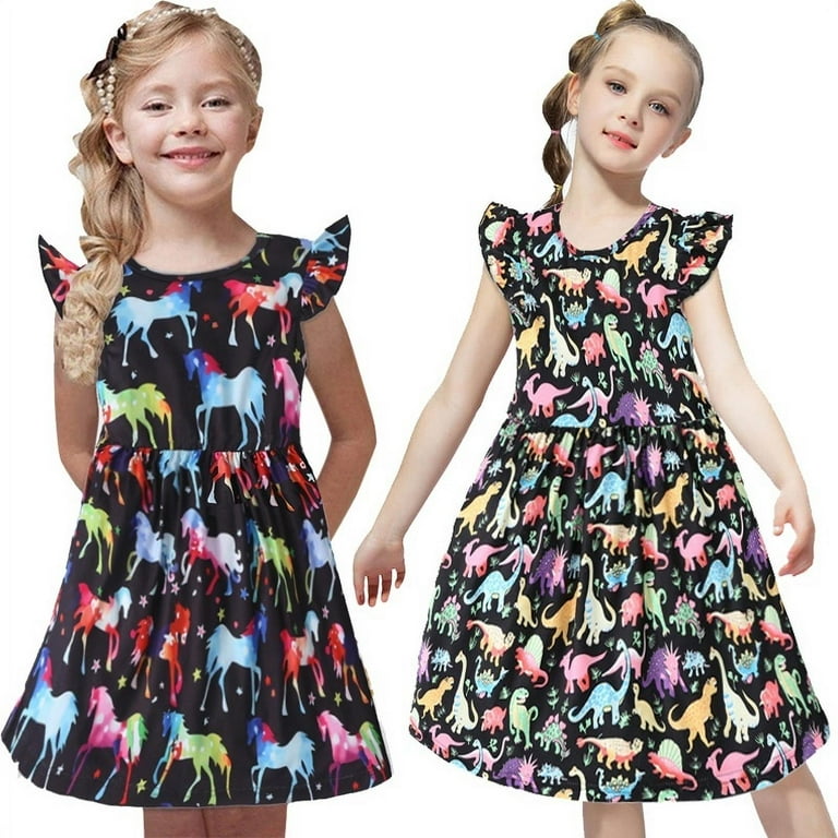 Kids Baby Girl Unicorn/ Dinosaur Print Fly Sleeve Dress Princess