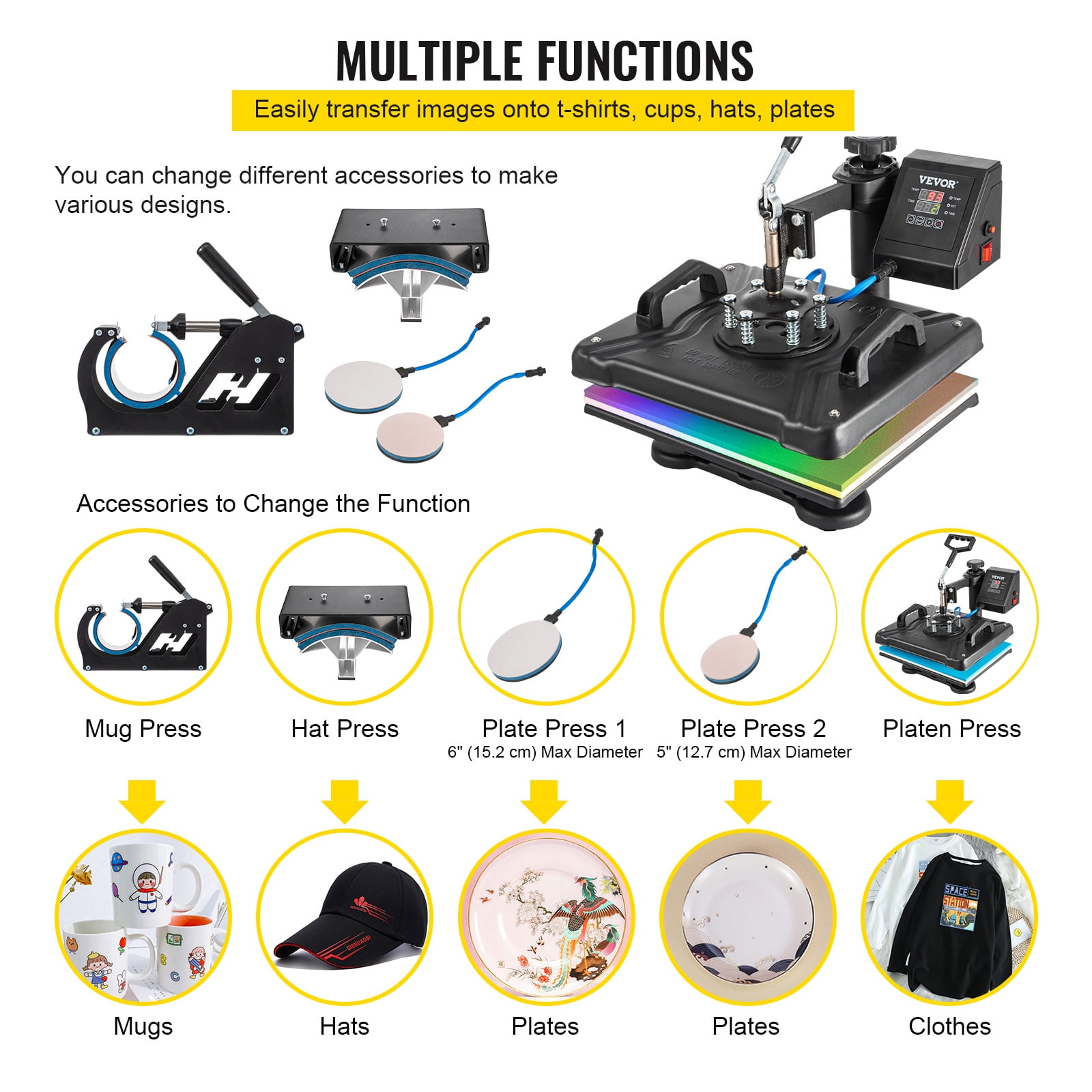 VEVOR 5 in 1 Heat Press Heat Press Machine Digital Multifunctional  Sublimation T-Shirt Heat Press Machine for T Shirts Hat Mug Cap Plate 