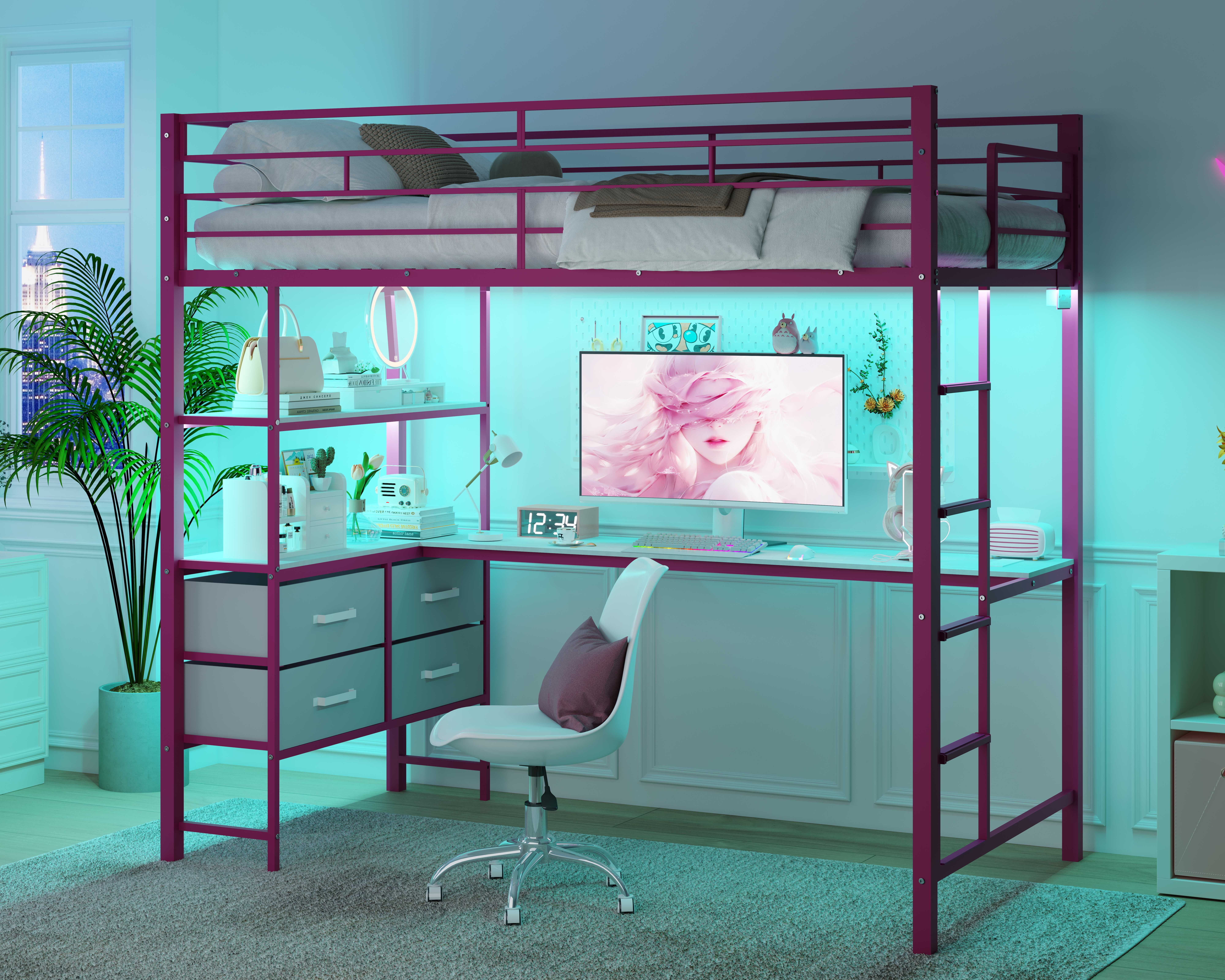 Ktaxon Full Loft Bed with L Shaped Desk, Bed Frame with LED Light