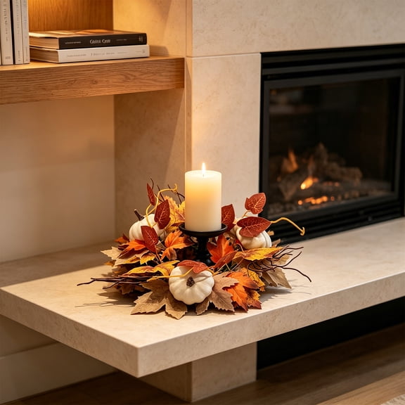 Halloween Candle Wreath Maple Leaves Roses Candle Holder Decor Tabletop Centerpiece Fall Harvest Party Ornament Thanksgiving Halloween Home Entryway Coffee Table Decoration