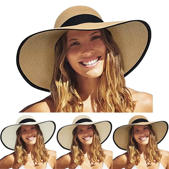 CAIXIA Fashion Sun Hats for Women Oversize Wide Brim Straw Beach Hat Floppy Foldable Roll-Up Summer Vacation UPF 50