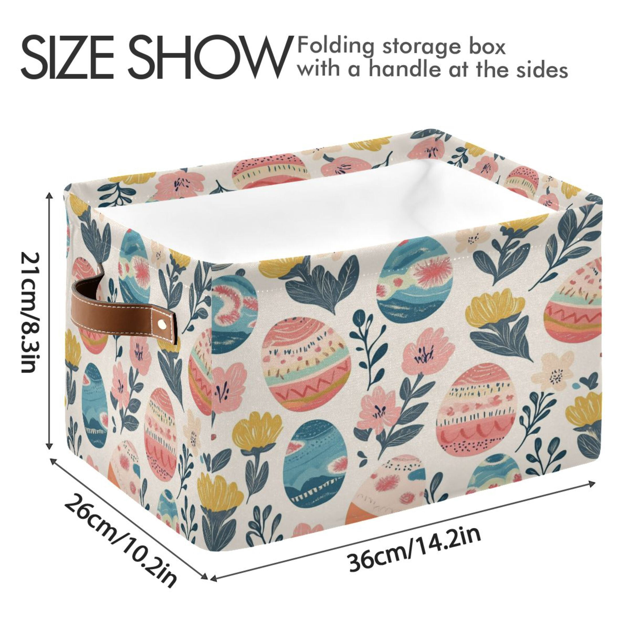 WOBOGO Happy Easter Eggs Square Storage Basket with Waterproof Canvas and PE Lining Durable PU Leather Handles 14.2×10.2×8.3in