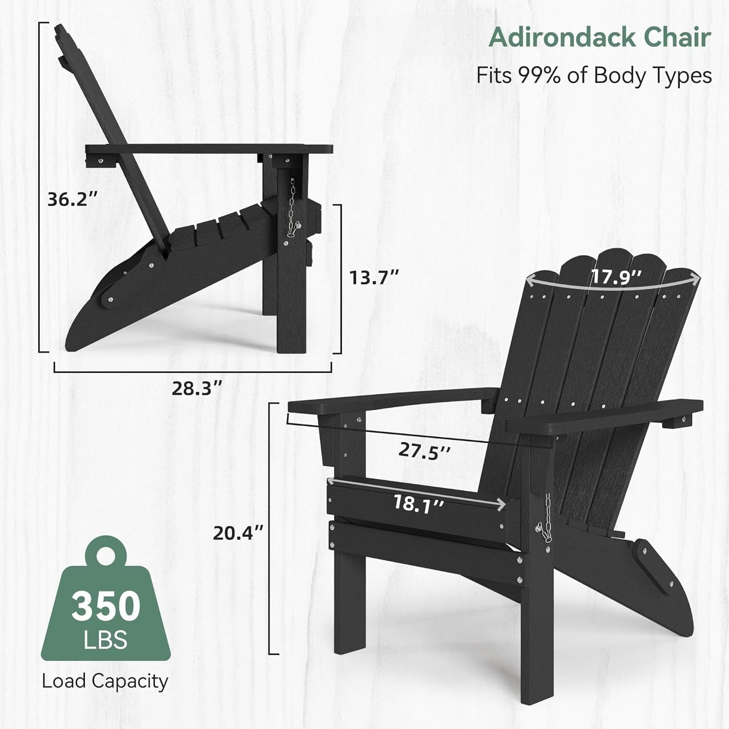 GONICHA Folding Adirondack Chairs Set of 2,Weather-Resistant Patio Chair for Garden, Backyard, Porch, Black