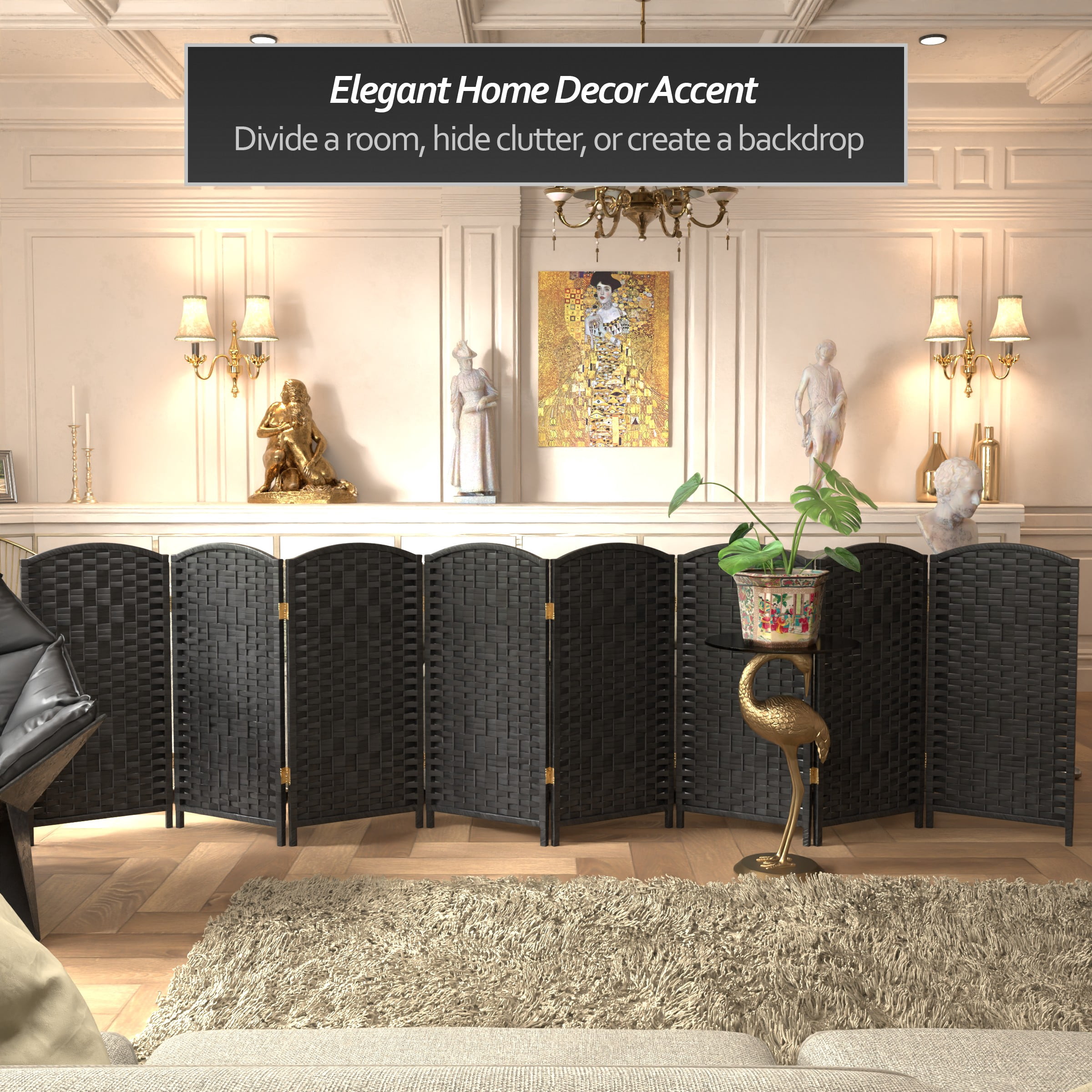 Red Lantern 3 ft. Short Diamond Weave Fiber Folding Screen - Black - 8 Panel