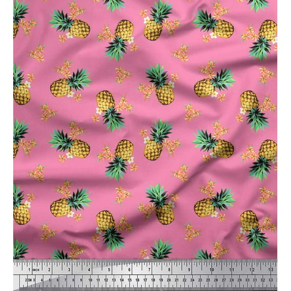 Soimoi Pink Velvet Fabric Peach Floral & Pineapple Fruits Decor Fabric Printed Yard 58 Inch Wide
