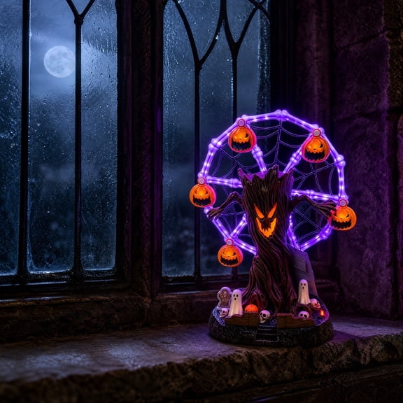 YuCaiWen,Halloween Decor,Halloween Tree,Halloween Village,Ferris Wheel Tabletop Decoration - Light-Up Spooky Tree With Purple Led Lights Moving Skeleton Cauldrons Graveyard Scene
