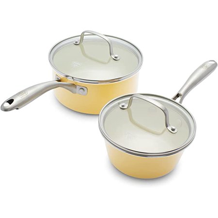 GreenLife Artisan Healthy Ceramic Nonstick  1QT and 2QT Saucepan Pot Set with Lids  Stainless Steel Handle  PFAS-Free  Dishwasher Safe  Oven Safe  Yellow