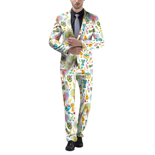 toraway Autumn Mens Suits 2 Piece Tan Mens Carnival 3D Digital Printed Suit Set Light Business Suit Jacket Trousers Set M