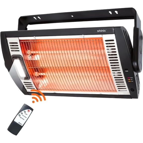 Shinic Electric Garage Heater with Remote, 1500W/750W Ceiling Mounted Radiant Quartz Heater with Work Light, 90° Rotation, 5 Mode Settings, Ideal for Garage, Shop, Patio Large Room