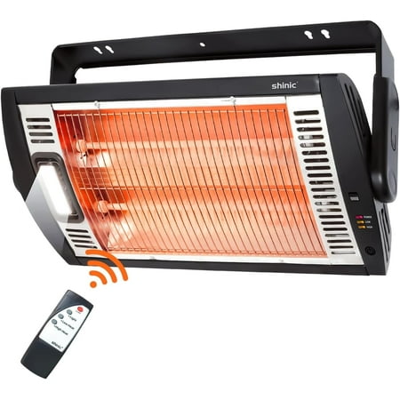 Shinic Electric Garage Heater with Remote, 1500W/750W Ceiling Mounted Radiant Quartz Heater with Work Light, 90° Rotation, 5 Mode Settings, Ideal for Garage, Shop, Patio Large Room