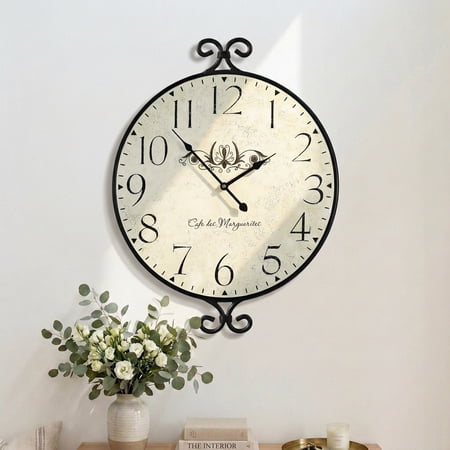 MODE HOME 24 inch Farmhouse Wall Clock, Silent Battery Operated, Wrought Iron Frame with Warm Gray