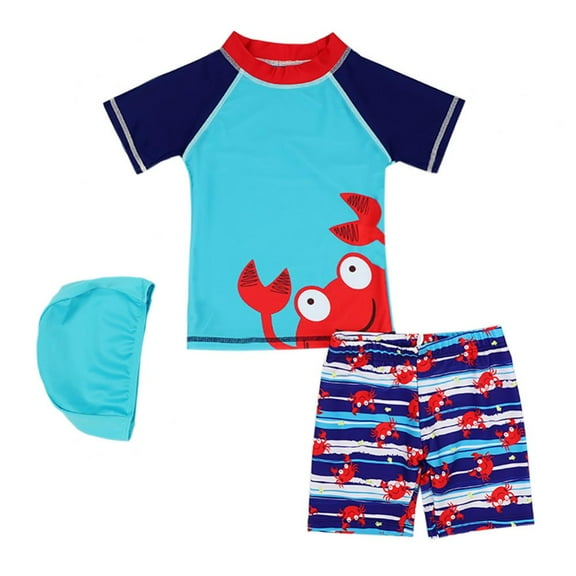 Kids Toddler Boys' Swimwear 3 Pieces Swim Trunks and Rash Guard Sets Short Sleeve Sun Protection Swimsuit with Swim Cap Summer Crab Print Swimsuit Set, 2-13 Years