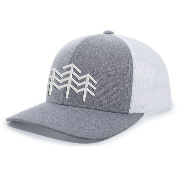 Heritage Pride Three Pines Nature Outdoors Mens Embroidered Mesh Back Trucker Hat Baseball Cap, Heather Grey/White