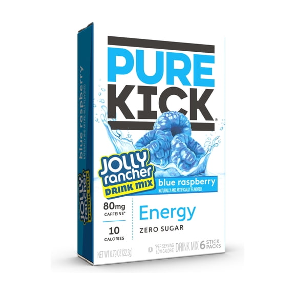Pure Kick Energy Caffeine & Electrolyte Powder Drink Mix Jolly Rancher Blue Raspberry Pack, 6 Count Packets