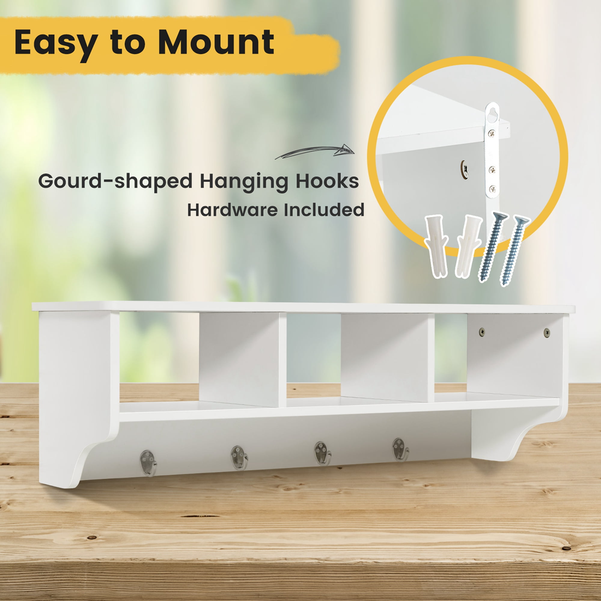 Costway Wooden Wall Mounted Coat Rack Hanging Cubby Organizer Storage Shelf with Hooks White