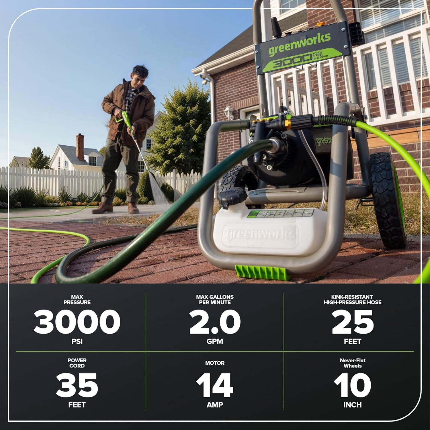Greenworks Brushless 3000 PSI 2.0 GPM Max/ 1.1 GPM Electric Pressure Washer