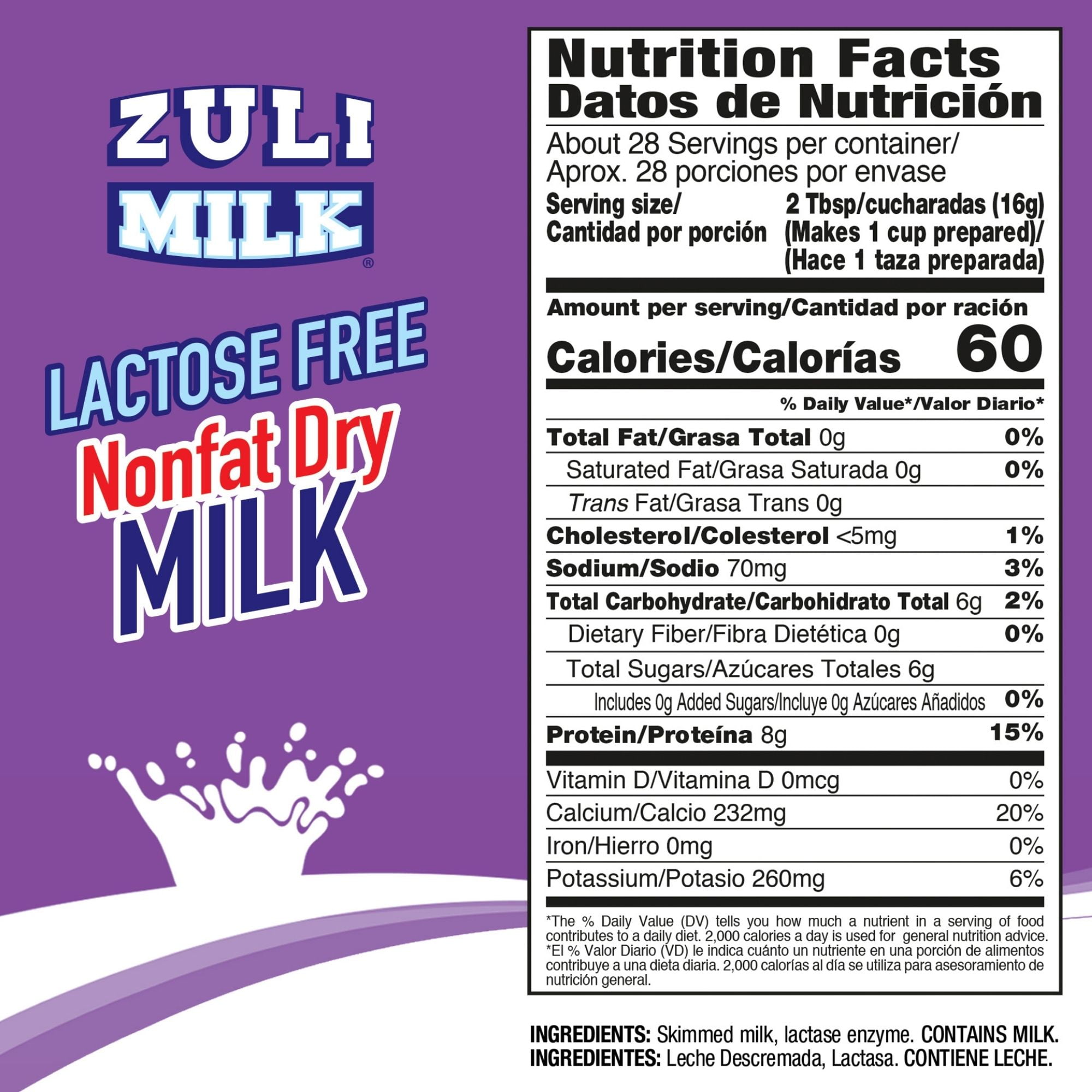 Zuli Milk Nonfat Dry Milk Powder, Original Flavor, Fat Free, Lactose Free, Non-GMO, rBST-Free, 16 oz, pack of 3