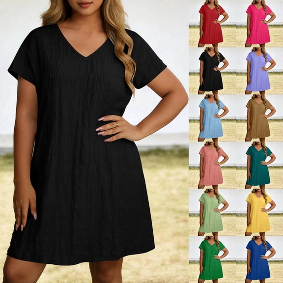 Utoimkio Women's Summer T Shirt Dress Casual Short Sleeve V Neck Loose Flowy Mini Dresses Size L-5XL