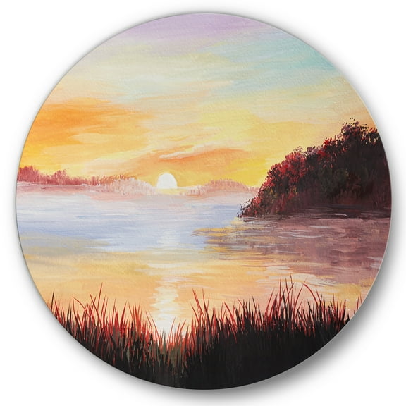 Designart 'The Reeds On The Lake In Evening Glow' Nautical & Coastal Circle Metal Wall Art 36x36 - Disc of 36