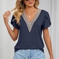 thumbnail image 5 of JWZUY Womens Crochet Lace V Neck Tops Solid Tunic Petal Sleeve Tees Shirts Blouse Short Sleeve Chiffon Elegant Tshirt Summer 2023 Navy M, 5 of 8
