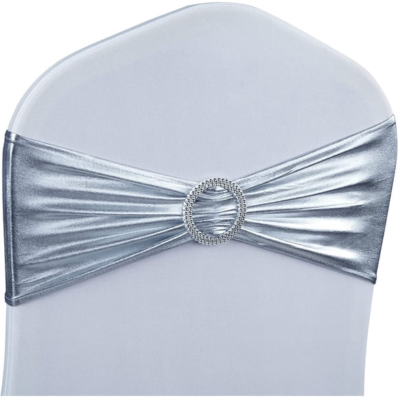 Spandex Chair Sashes Bows 30PCS Premium Stretch Chair Cover Band with Buckle Slider Universal Elastic Chair Ties for Wedding Party Ceremony Reception Banquet Decoration (Metallic Silver)