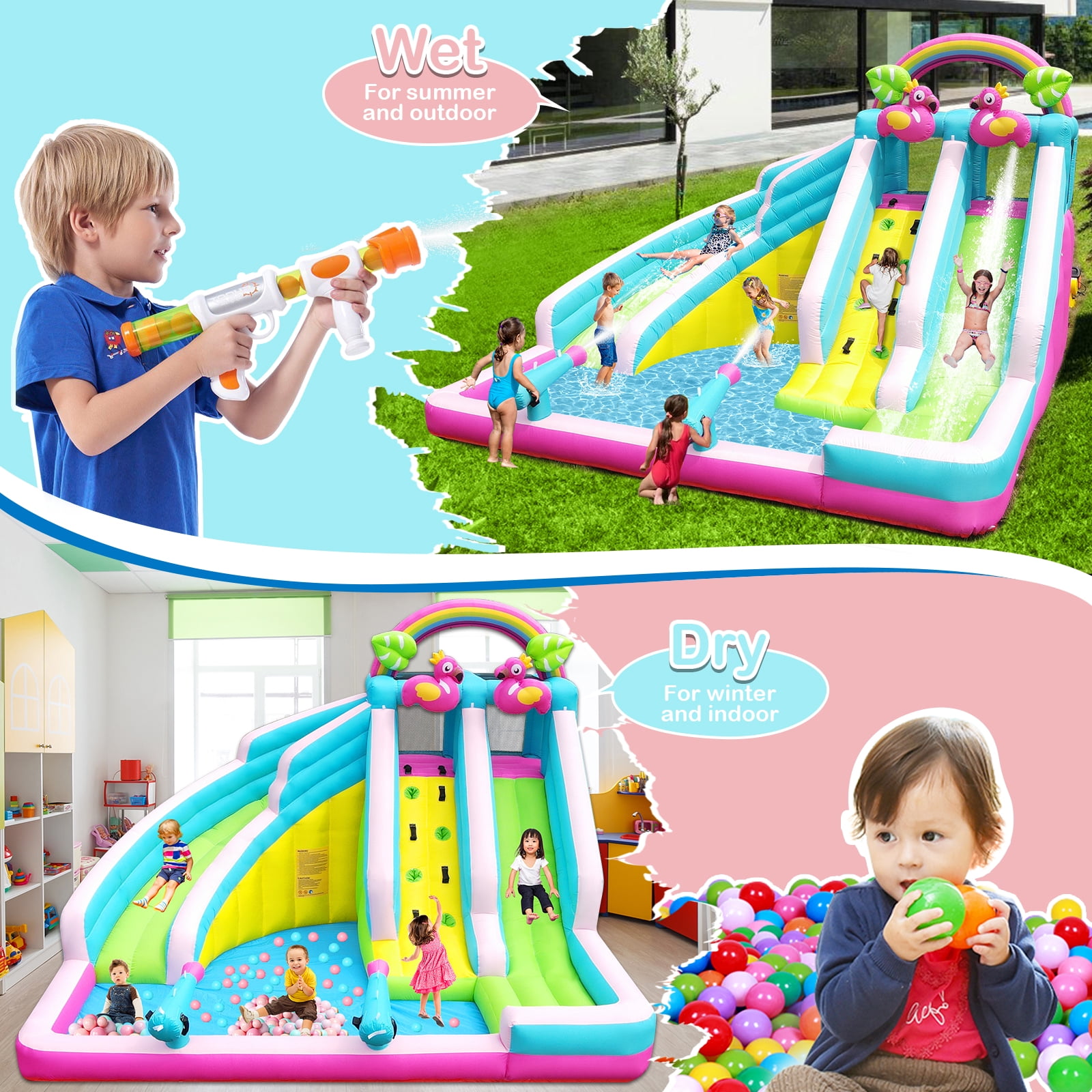 HEMOPOW 6-in-1 Inflatable Flamingo Water Park: Double Slides, Bounce & Splash Pool for Indoor/Outdoor Kids Ages 3-10