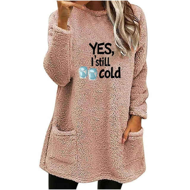 Enjoytime Chandails Mignons pour Femmes Imprimé Col Rond Manches Longues Chandail Molletonné Décontracté Hiver Mode Grande Taille Vêtements pour Femmes Rose G
