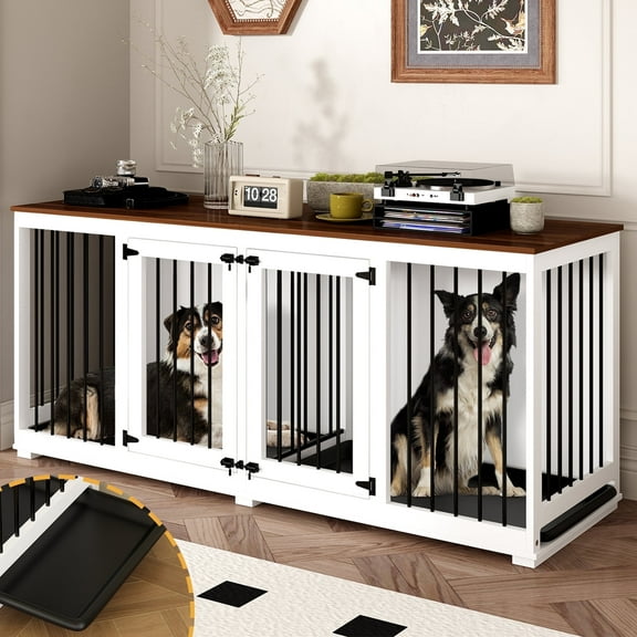 NARTRU 70.9" Large Double Dog Crate Kennel Furniture with Trays and Divider for Small Medium Large Dogs Indoor, White
