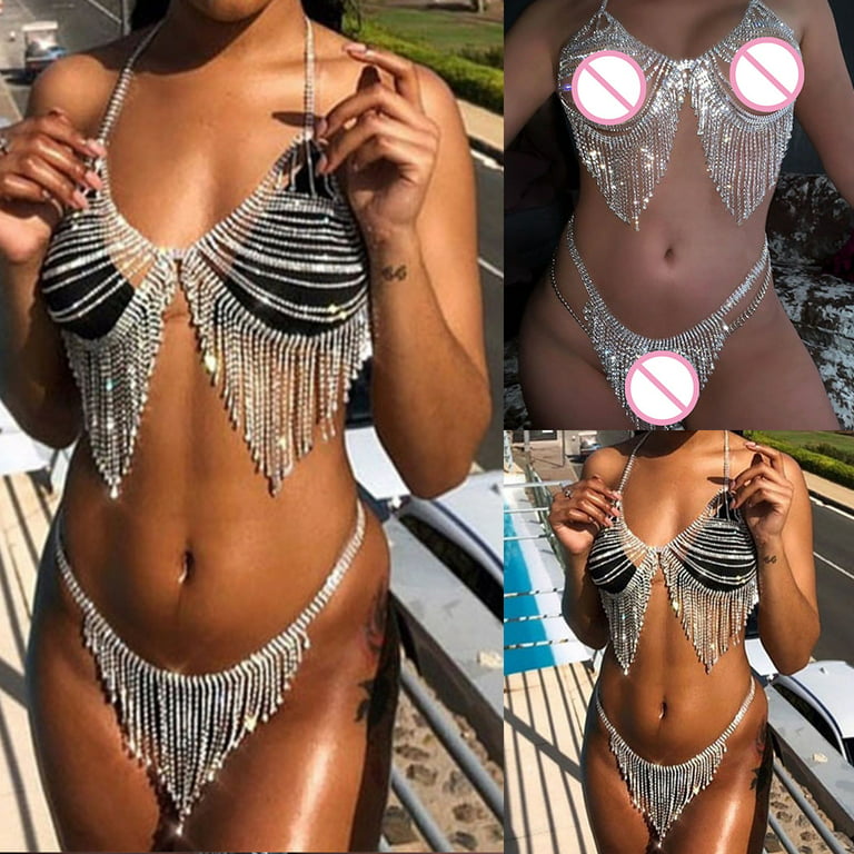 Fashion women's tassel Rhinestone body chain bra shiny crystal Beach Sexy  Bikini Bra and Thong Set Jewelry Party accessories