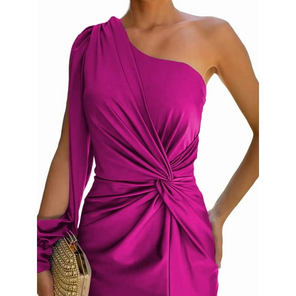 Women'S One Shoulder Long Sleeve High Split Cocktail Wedding Party Maxi Dress Rose Red XL