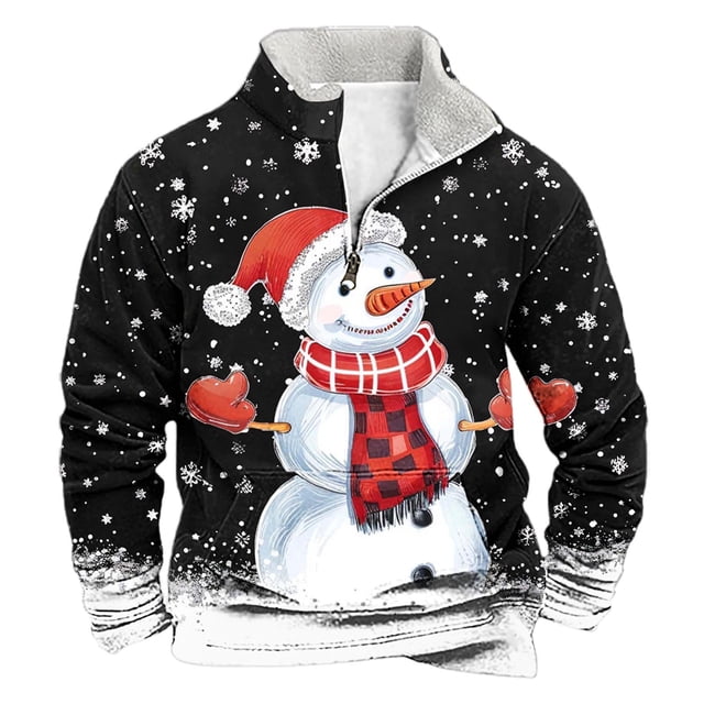 Sudadera sin capucha para hombre, de invierno, con cuello alto, cremallera, estampado navideño, jersey de manga larga, sudadera con capucha, blusa de poliéster para hombre