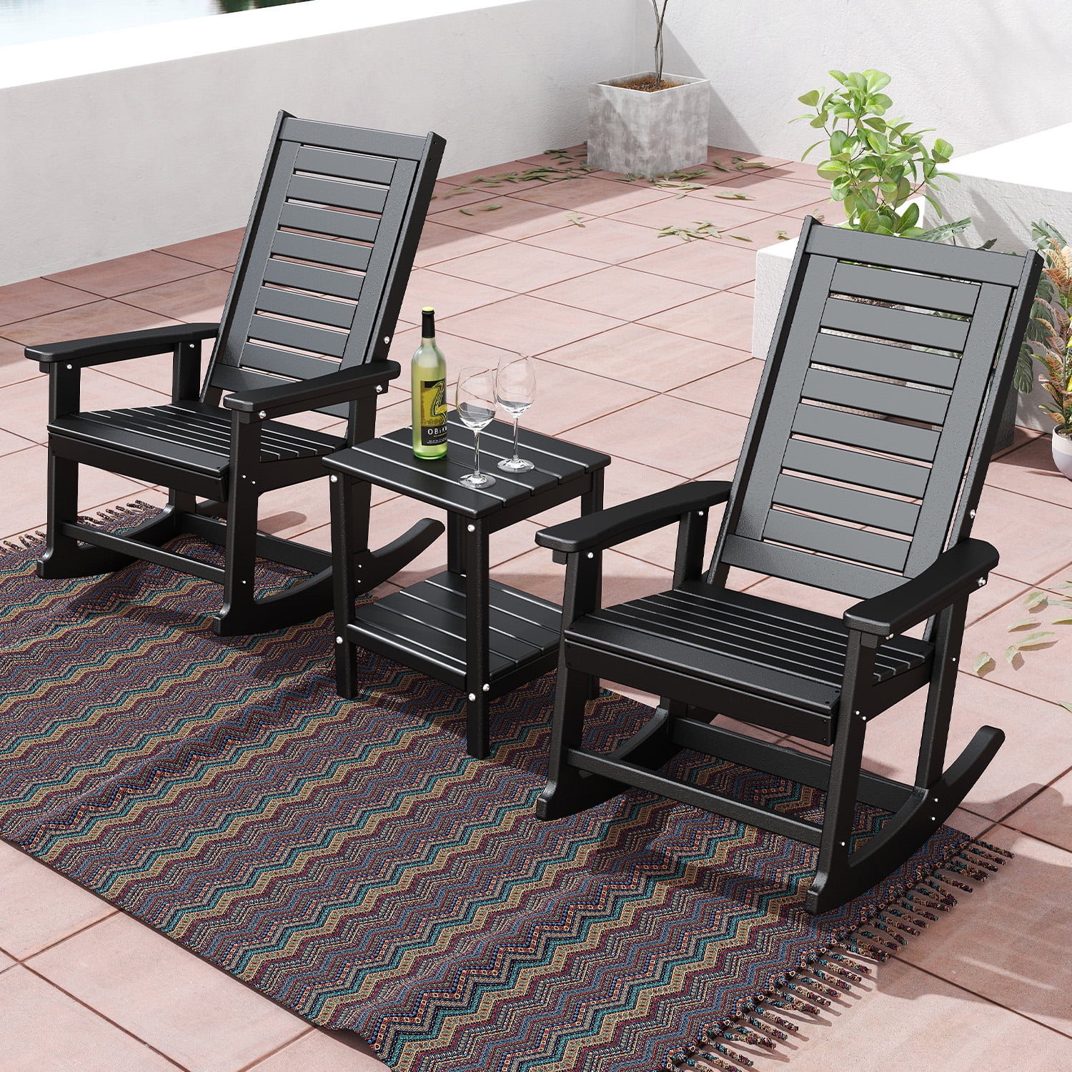 FODINGHILL Outdoor Rocking Chair Set of 2,HDPE Oversized Rocking Chair Outdoor,High Back Rocking Patio Chairs for Porch Garden Balcony,Black