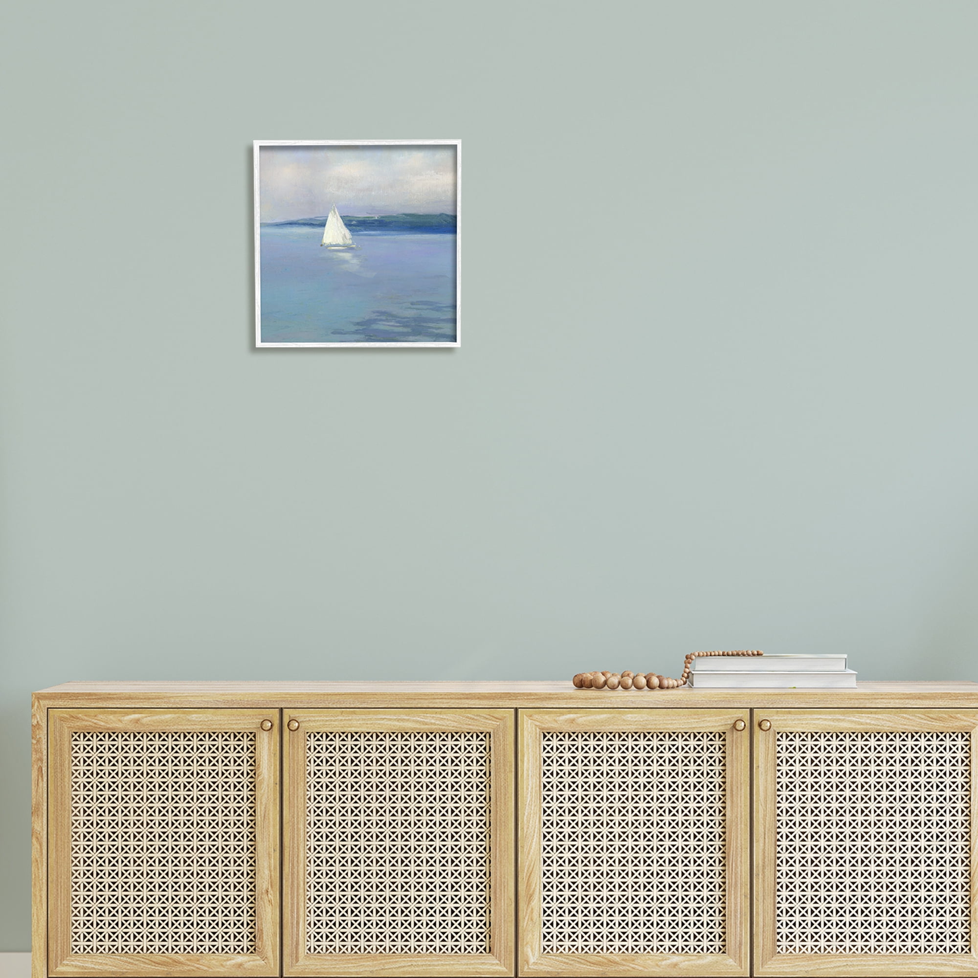 Stupell Industries Serene Sailboat Floating Water Ocean Landscape Painting White Framed Art Print Wall Art, 17x17, by Sally Swatland